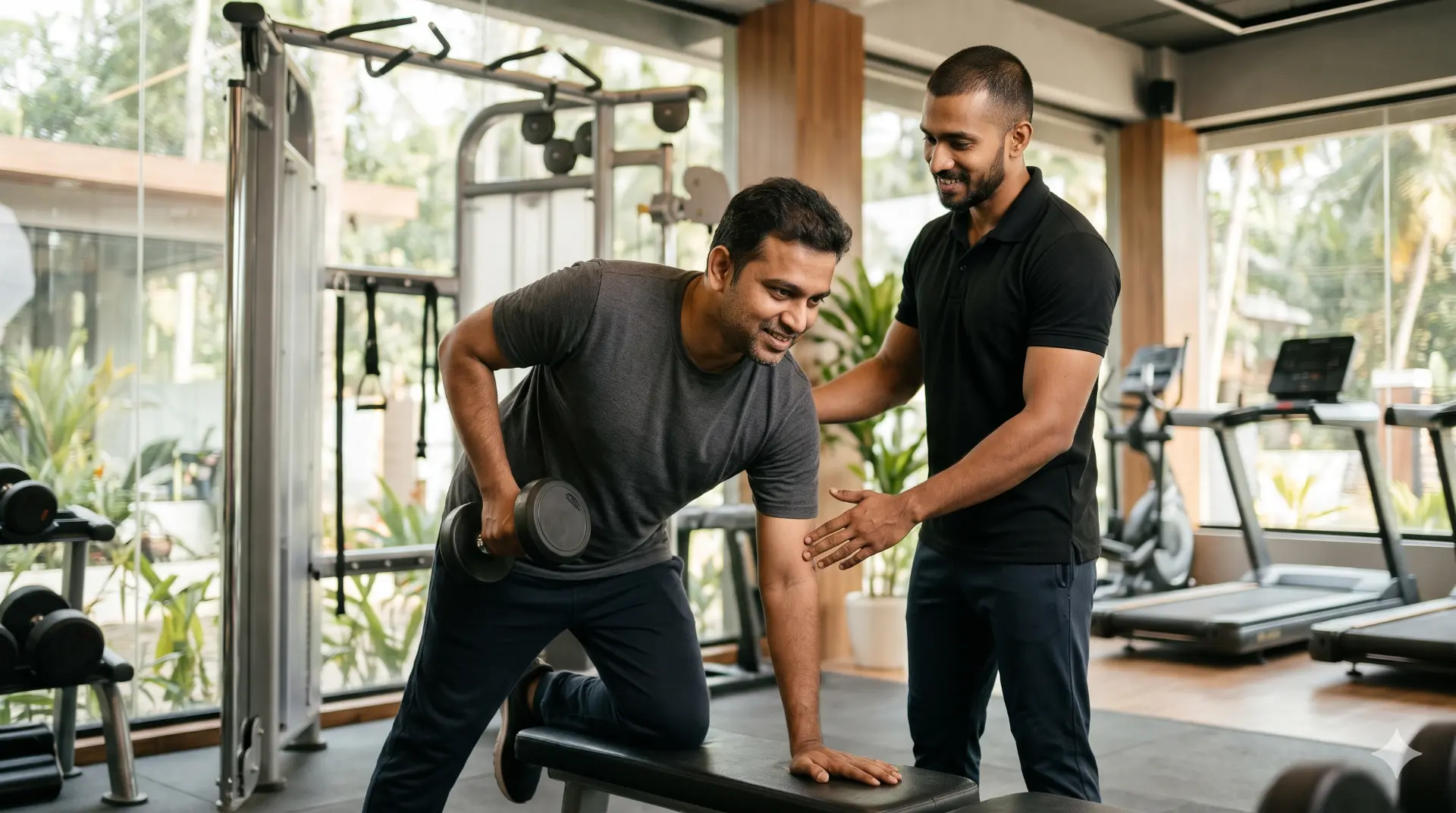 Personal trainer coaching a client at Elite Fitness gym, Kangarappady, Kakkanad