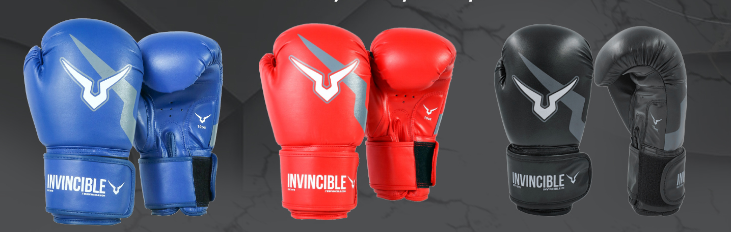 Invincible Boxing Gloves in blue, red, and black